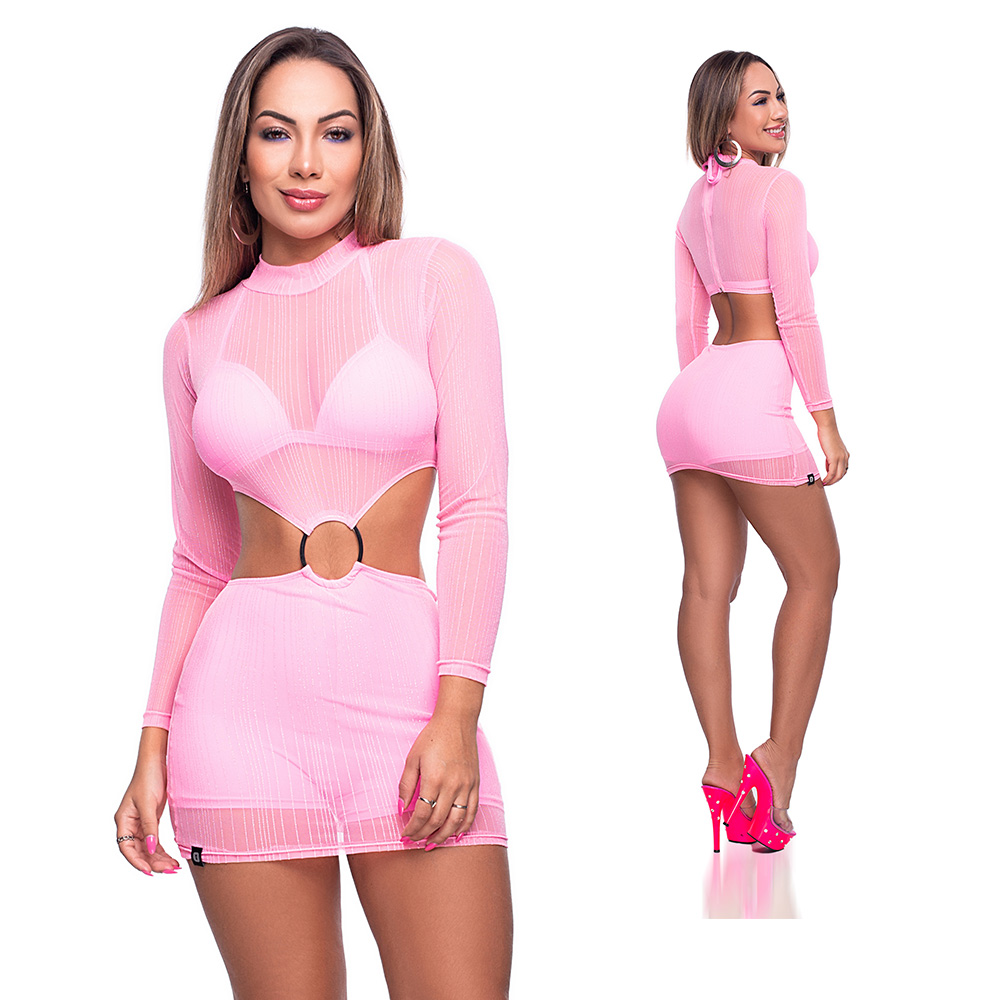 Vestido Sensual Sexy em Luréx Transparente Manga Comprida com Top Rosa ::  Sex Shop Loja do Prazer